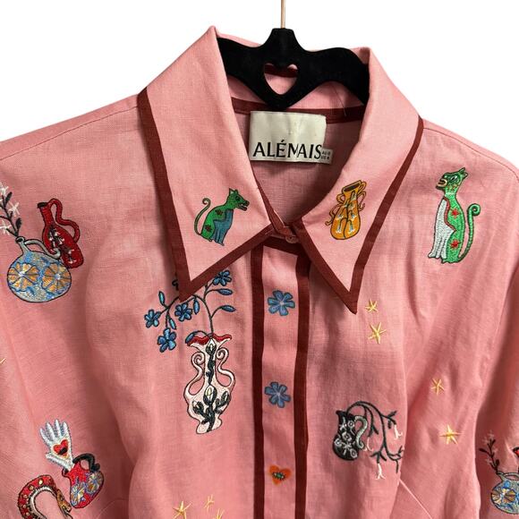 ALEMAIS Nadia Hernandez Timmy Belted Embroidered Linen Shirt Dress Womens 4 - Picture 8 of 12